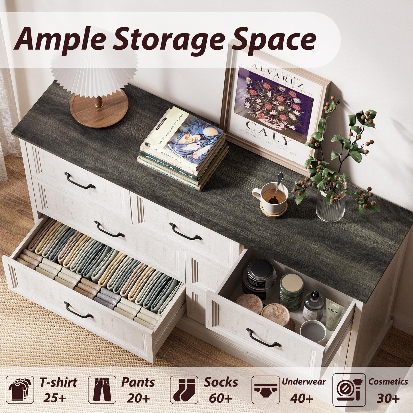 3 Pcs Farmhouse Dresser and Nightstand Sets for Bedroom, 7 Drawer Dresser & Nightstand Set of 2, Rustic Wooden Chest of Drawers Wide Storage Organizer for Bedroom, White