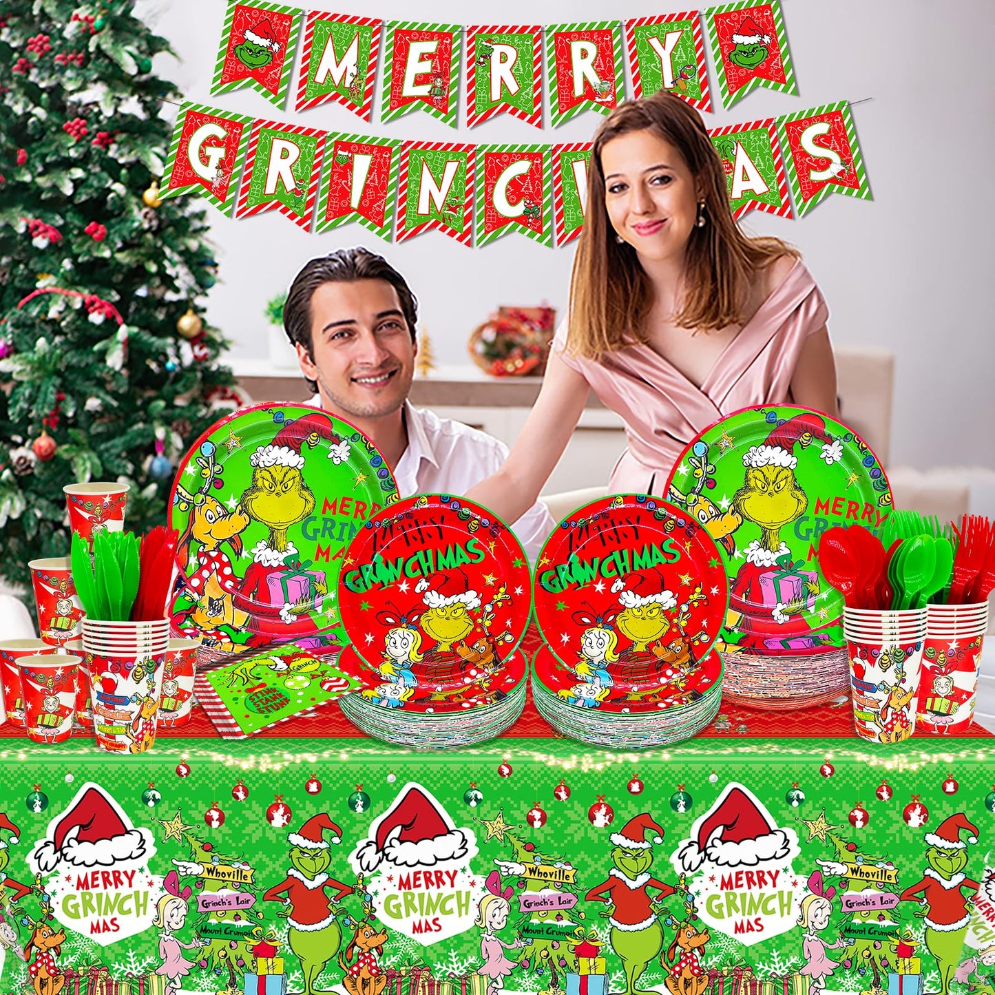 185Pcs Christmas Party Supplies Tableware Set - Merry Christmas Decorations Plates and Napkins for Happy Holidays Party Decorations