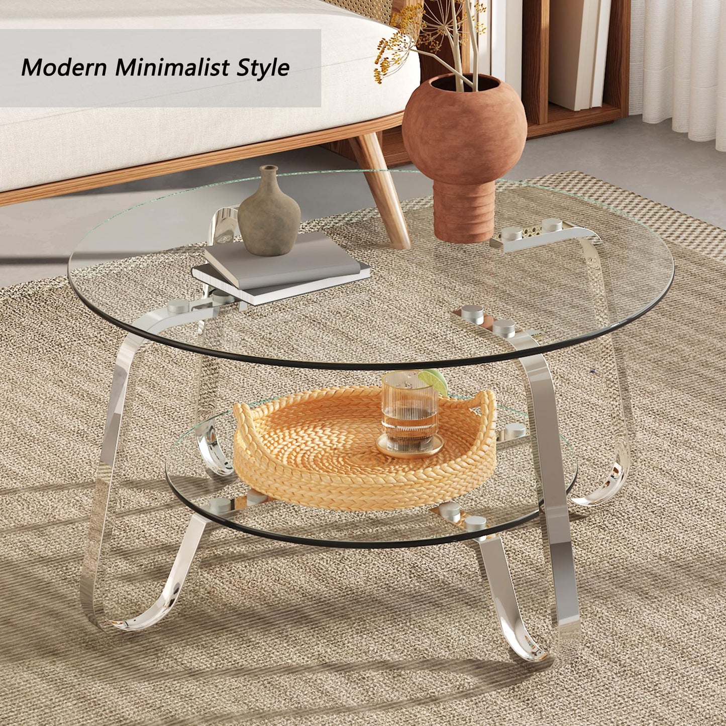 31.5" Silver Round Glass Coffee Table Modern Living Room Table 2-Layer Sofa Center Cocktail Table for Small Space Apartment, Clear Top and Retro Metal Frame (Chrome)
