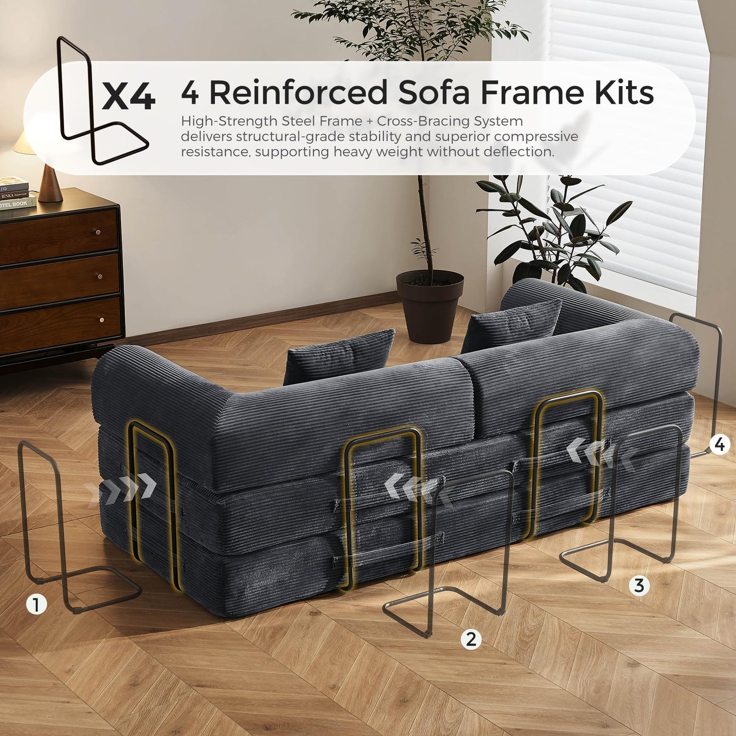 79" Convertible Sofa Bed with Fixed-Shape Frame & Removable Armrests, Modular Corduroy Sleeper Sofa, Folding Mattress Couch for Small Spaces - No Assembly Needed in Dark Gray (Includes 2 Pillows)