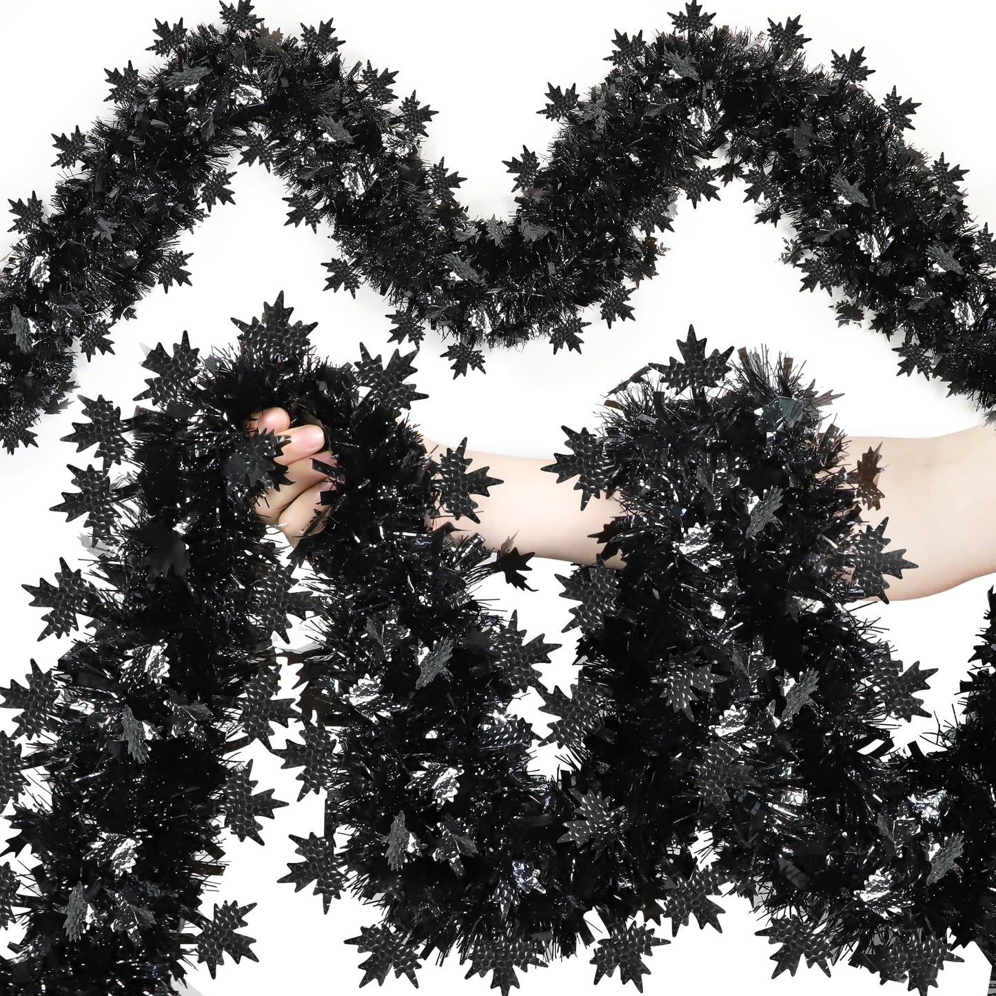 50FT Halloween Tinsel Garland Decorations, Black Shiny Metallic Streamer Garland with Maple Leaves for Home Tree Mantle Indoor Outdoor Halloween Party Supplies