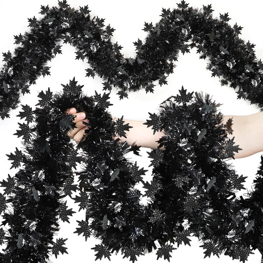 50FT Halloween Tinsel Garland Decorations, Black Shiny Metallic Streamer Garland with Maple Leaves for Home Tree Mantle Indoor Outdoor Halloween Party Supplies