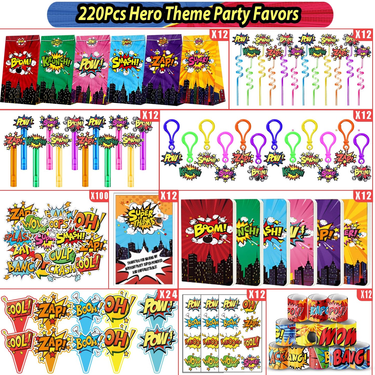 220PCS Hero Party Favors Kit – Birthday Supplies Includes Goodies Bags, Straws, Bubble Wands, Notebook & More – Perfect for Party Decorations & Pinata Fillers