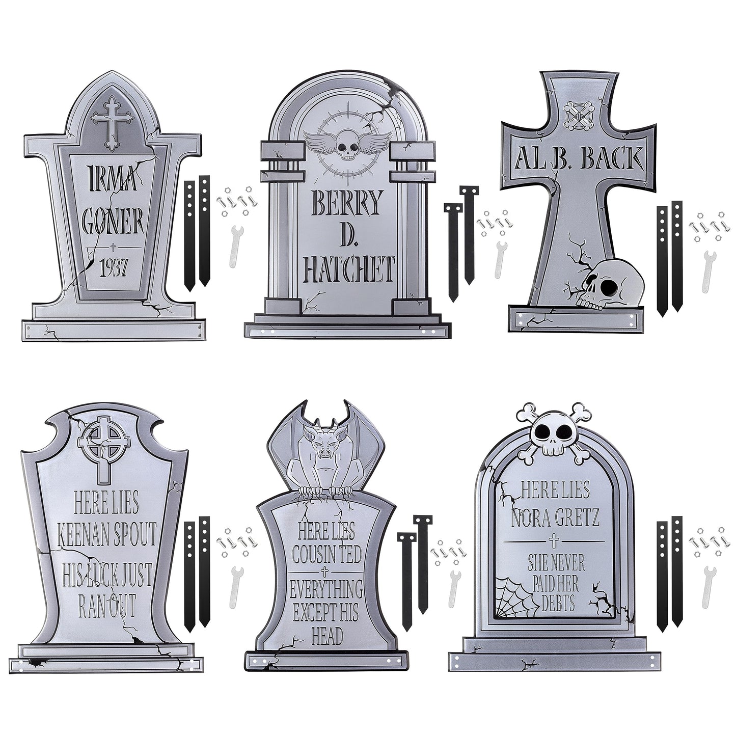 3-D Metal Halloween Ghost Cemetery 17" Tombstones -Full Set of 6 w Stakes- Durable, Rustproof, UV Raised Printing-Upgrade Your Haunted House Mansion Cemetary Lawn Decor- No More Flimsy Foam Graveyards