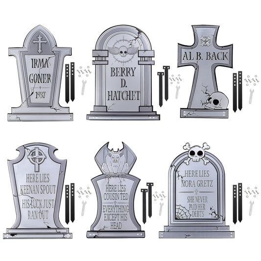 3-D Metal Halloween Ghost Cemetery 17" Tombstones -Full Set of 6 w Stakes- Durable, Rustproof, UV Raised Printing-Upgrade Your Haunted House Mansion Cemetary Lawn Decor- No More Flimsy Foam Graveyards