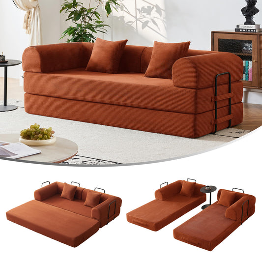 79" Convertible Sleeper Sofa Bed, Floor Sofa Lounge Couch with Fixed-Shape Frame, Modular Sectional Sofa Bed with 2 Pillows, Corduroy Loveseat Couches for Living Room, Bedroom, Lounge Studio（Orange）