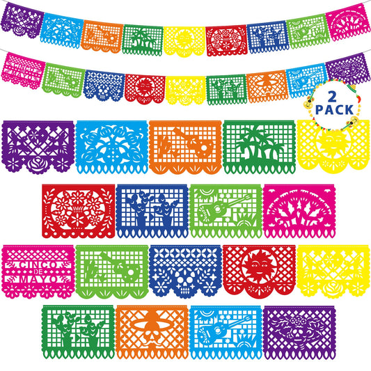 36 FT Cinco De Mayo Decorations, 2 Pack Mexican Party Banner, Plastic Fiesta Banner Colorful Papel Picado Hanging Banner String Flags Mexican Theme Party Dia De Los Muertos Day of the Dead Decor
