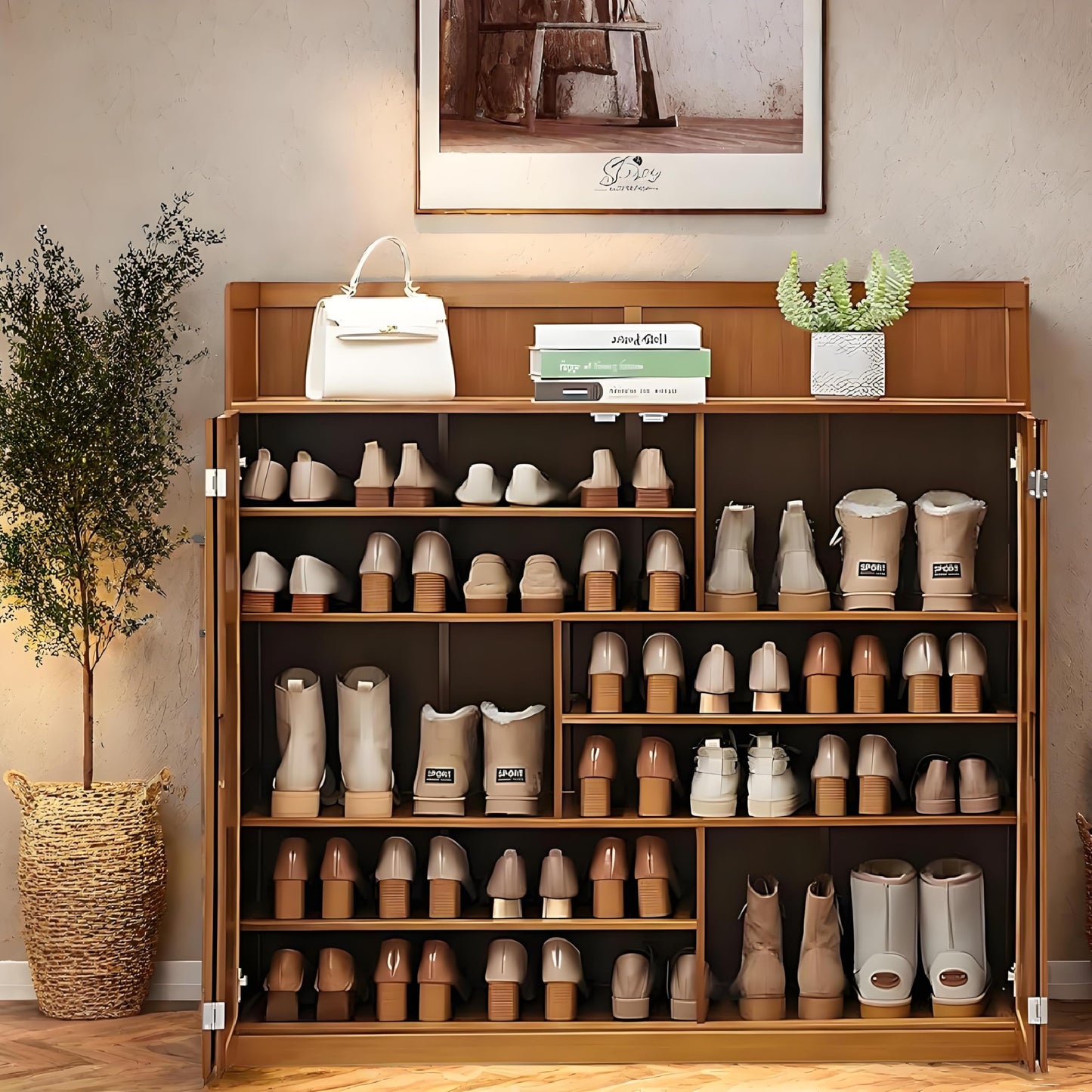 WMIASIN Bamboo Shoe Cabinet, 8-Tier Shoe Cabinet with Doors, 36-40 Pairs Freestanding Shoes of Heels Sneakers,Shoes Organizer Rack for Entryway, Hallway, Living Room