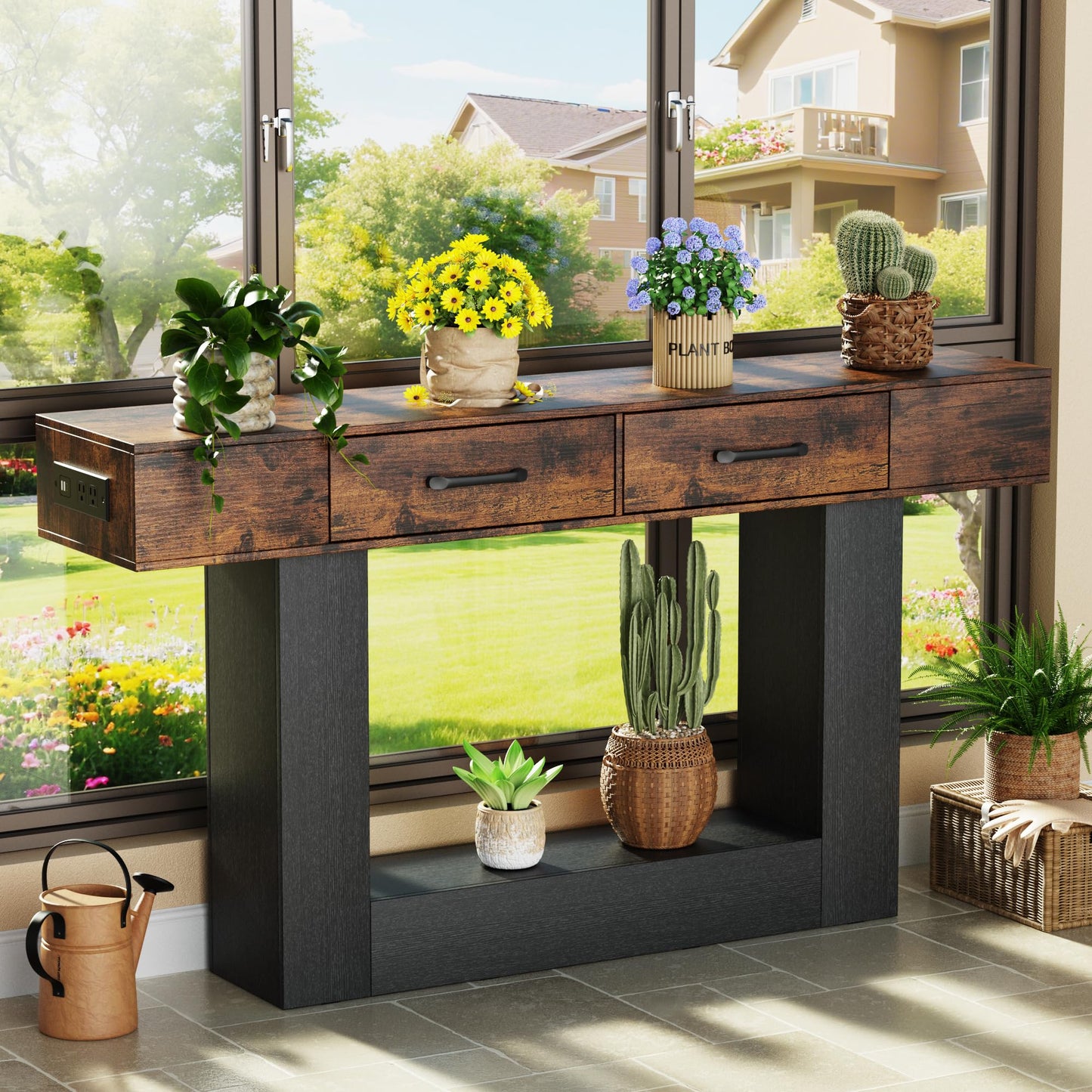 63" Long Console Table with LED Lights & Charging Station,2-Tier Entryway Table with Drawers and Open Storage Shelf for Entry Way,Farmhouse Sofa Table with Heavy Duty Base for Hallway, Foyer(Brown)