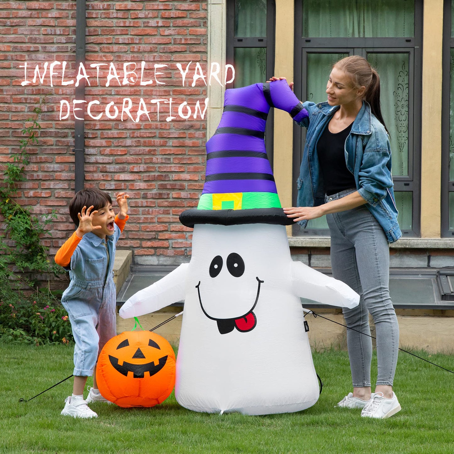 VIVOHOME 5FT Halloween Inflatable Yard Decor, White Ghost with Pumpkin, Outdoor Blow Up with Built-in LED Light for Lawn, Garden, Party