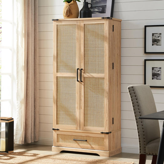 ACCOHOHO 72" Tall Rattan Kitchen Pantry Cabinet with Drawer, Boho Storage Cabinet with 2 Rattan Doors and Shelves, Versatile Large Cabinet for Dining Room, Bathroom, Living Room, Laudry, Natural Oak