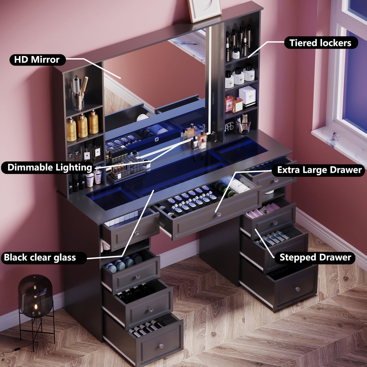 Wildhome Vanity Desk with Mirror and Light, Glass Top Dresser with 9 Drawers, Vanity Table with Storage, Dressing Table, Bedroom Makeup Desk for Women (Black-Glass Top)