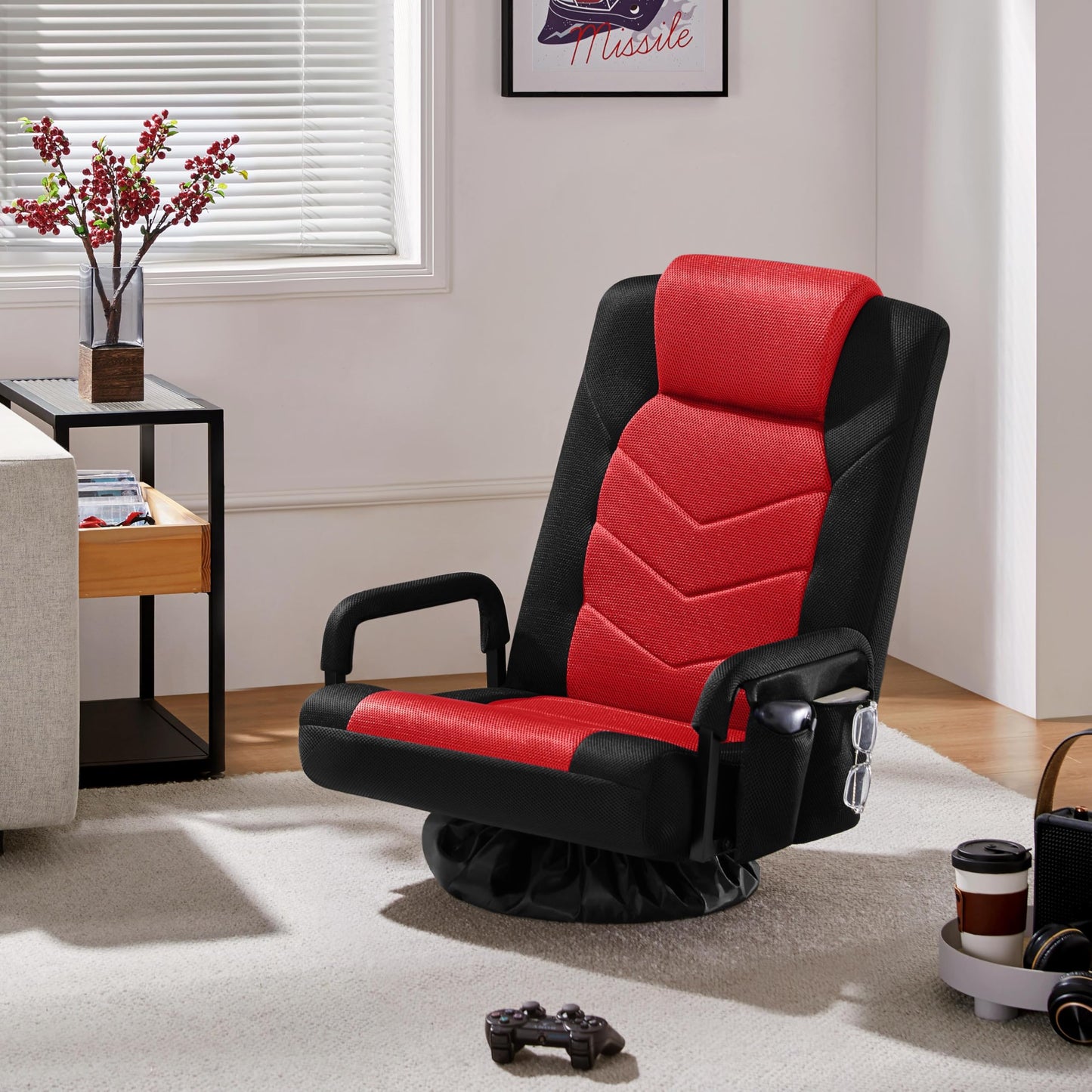 Yaheetech Floor Gaming Chair Swivel Video Game Chair Multipurpose Lazy Lounger Couch for Playing Games, TV, Reading with 6 Adjustable Position, Side Pocket, Armrest Handles