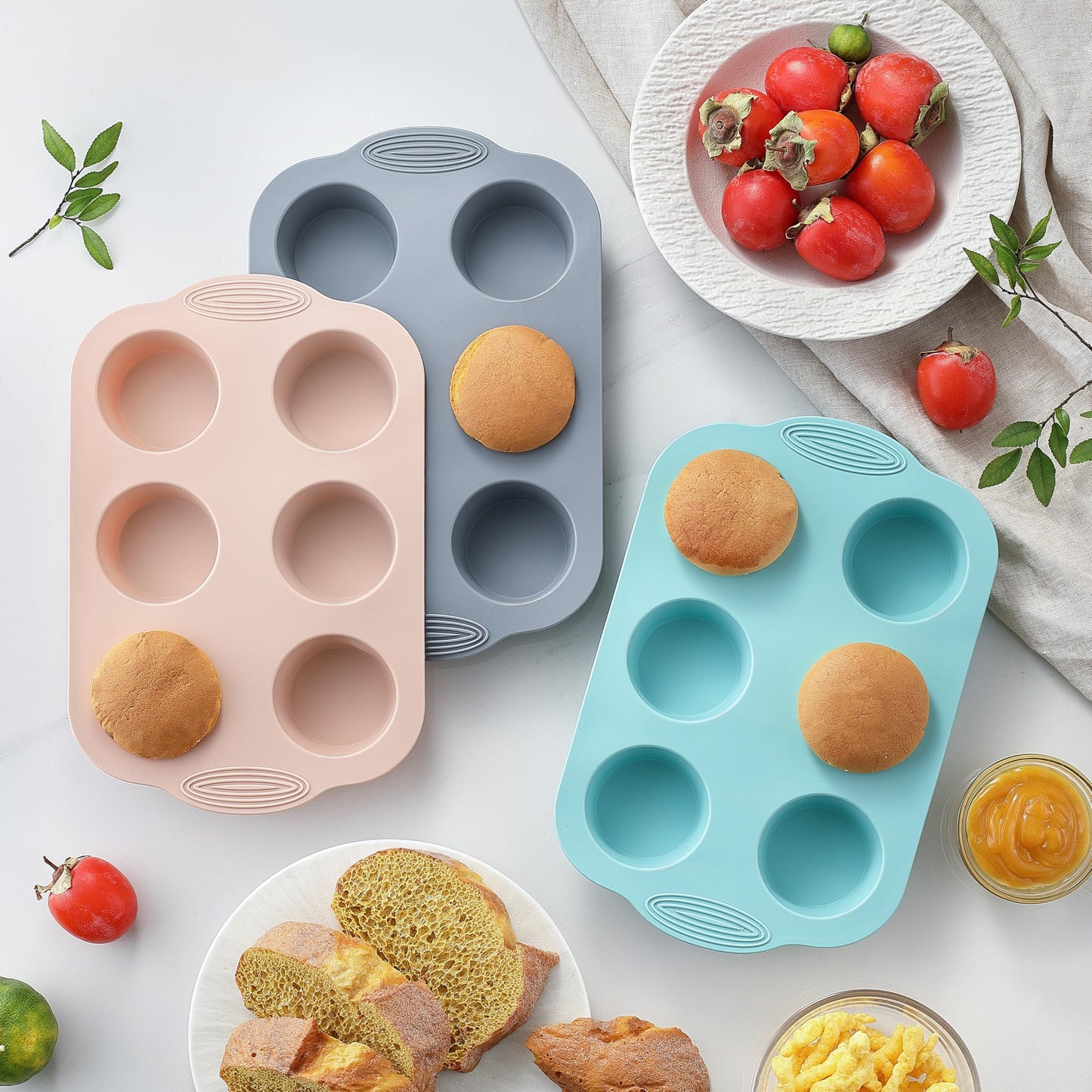 XZZWLL Silicone Muffin Pan, Food Grade Silicone Cupcake Molds for Baking Muffins and Cupcakes, 6-Cup Nonstick Cupcake Pan, Easy Cleaning and BPA-Free (Gray, Orange, Blue)