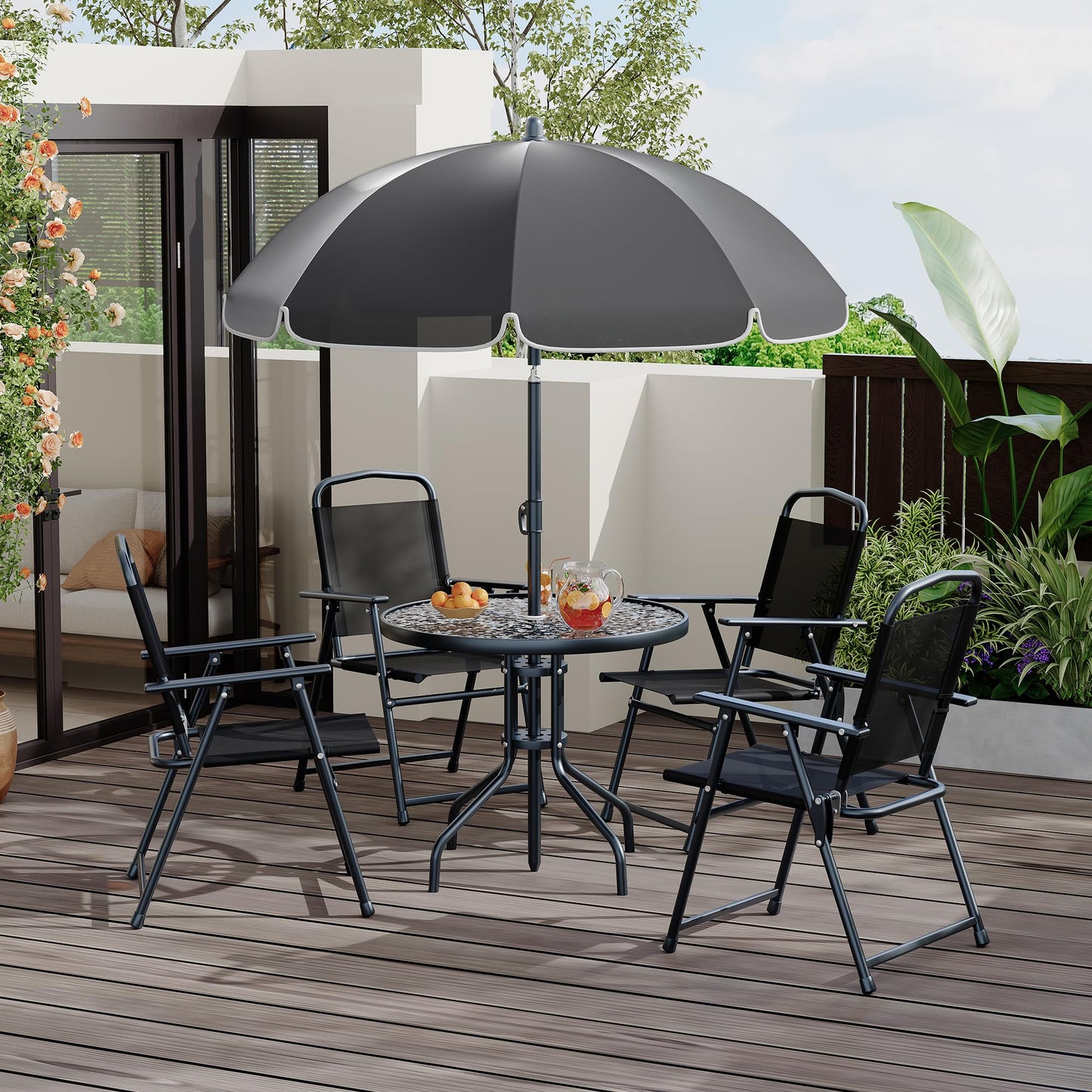 6 Pieces Outdoor Dining Set With Umbrella, Patio Table and 4 Folding Chairs With Umbrella, Garden Patio Furniture Set With Umbrellas, Tempered Glass Top Dining Table
