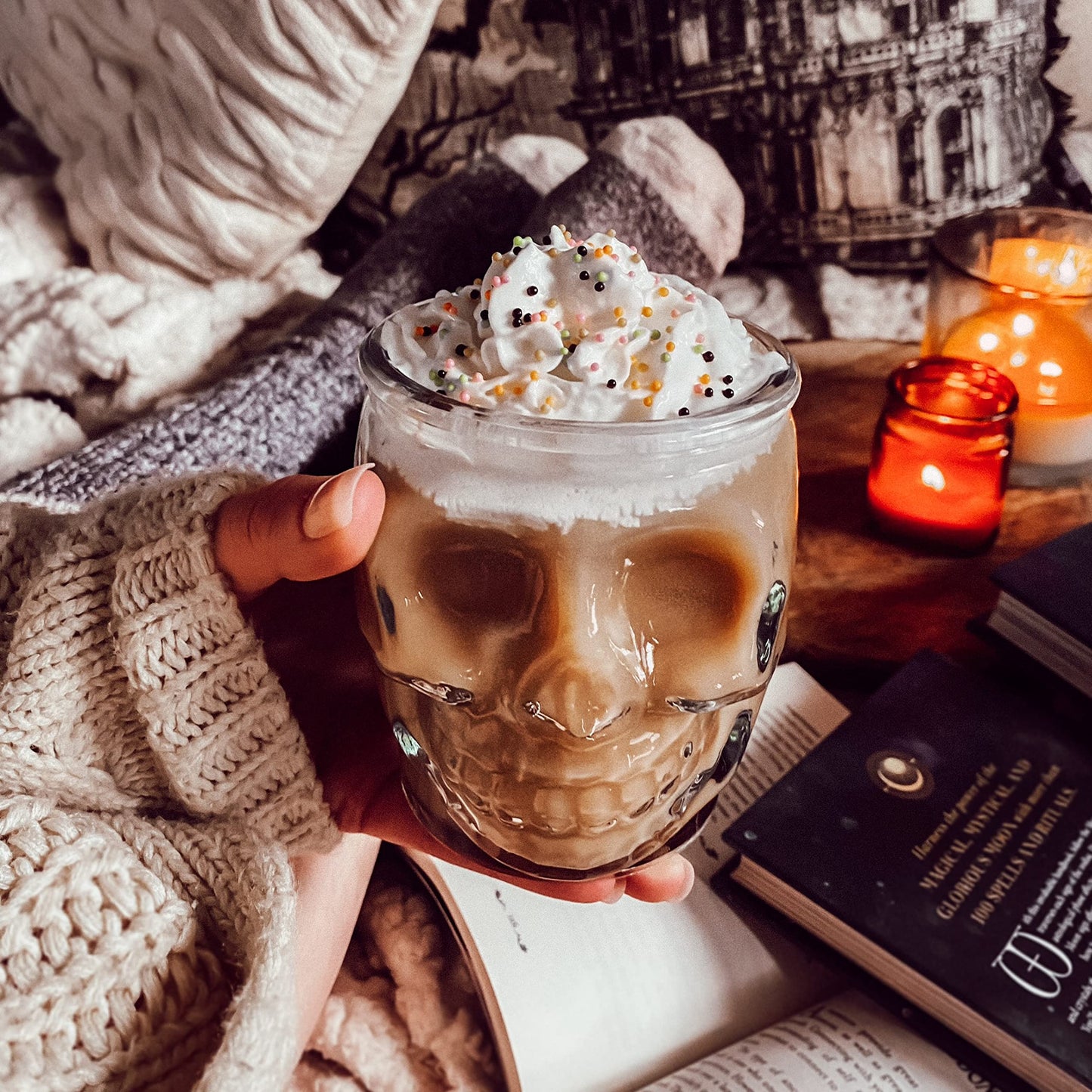6 Pack - 15 Oz Sugar Skull Glass Summerween Tumblers - Set of 6 Creepy Drinking Cups -15 oz, Witchy Gifts, Spooky Goth Gifts For Women, - Gothic Kitchen Decor, Witchy Barware Skull Jar