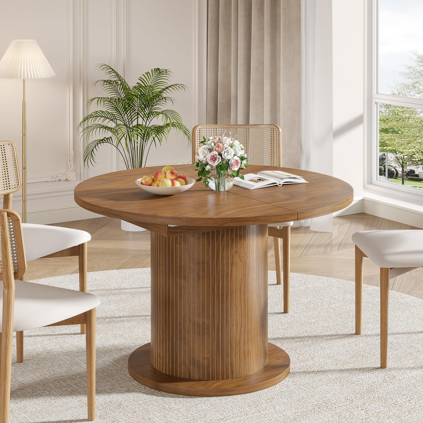 59 inch Adjustable Size Round Dining Table for 4 6, Unique Design Modern Farmhouse Kitchen Table, Fluted Base for Home Dining Room Living Room(Walnut)
