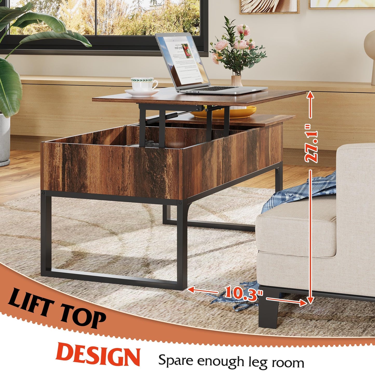 WLIVE Lift Top Coffee Table with Storage, 40.9" Coffee Table with Lifting Top & Sliding Cover, Wood Modern Center Table with 2 Hidden Compartment for Living Room, Retro Brown
