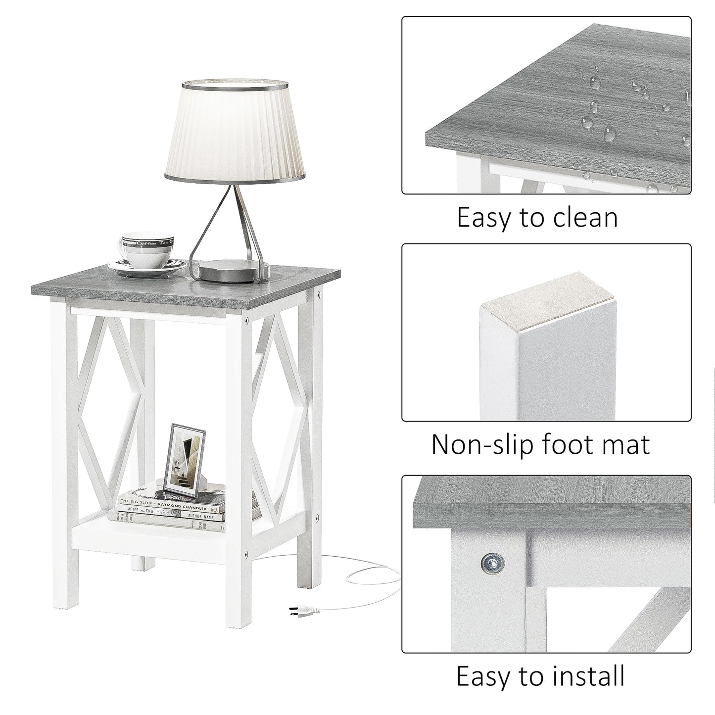 3imothrix Farmhouse End Table Set of 2, Small Side Table with Charging Station, Nightstand Bedside Table with Storage Shelf, USB Ports and Outlets for Small Space Living Room Bedroom