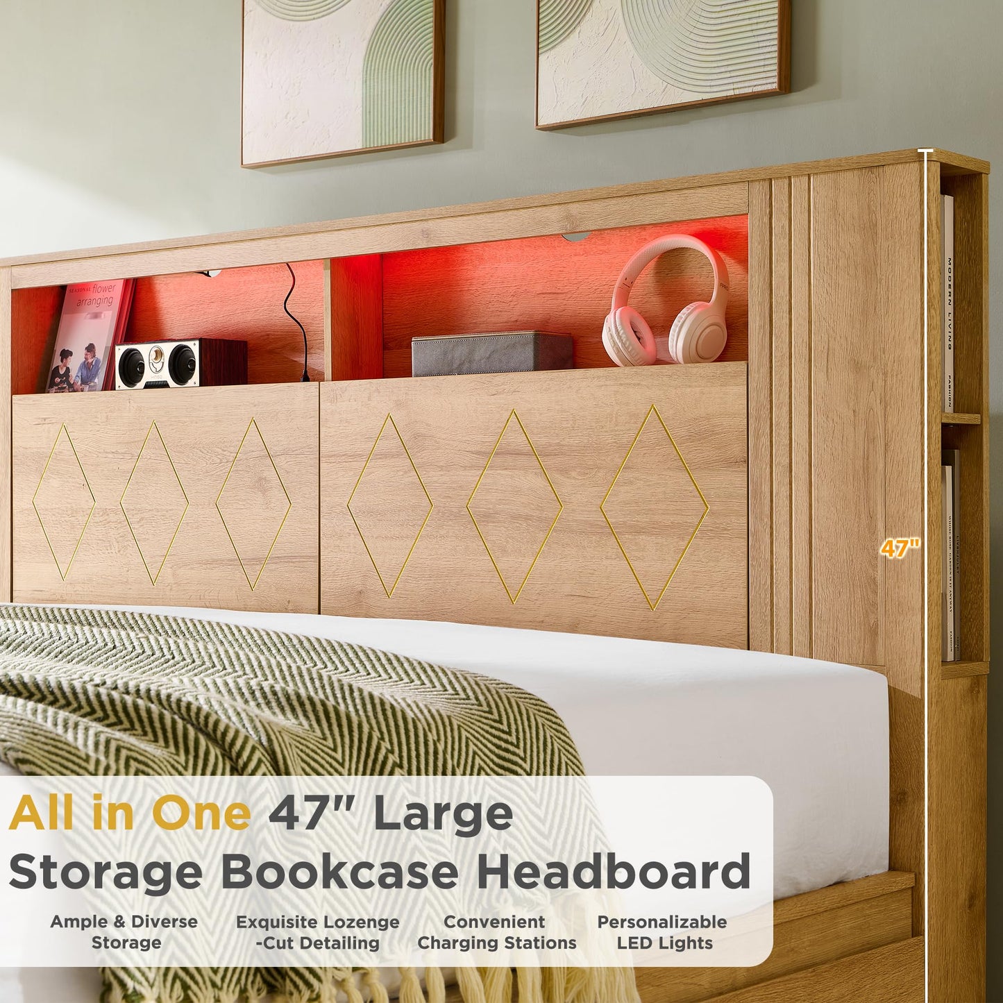 ACCOHOHO Modern King Size Bed Frame with 47" Tall Storage Headboard, 4 Drawers, Charging Station, Led Light, Wood Platform Bed with Solid Wood Slats, Noise Free, No Box Spring Needed, Natural Oak