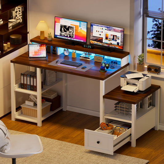 61.2 '' Computer Desk with Drawer & Power Outlets, Farmhouse Ergonomic Office Desks with Long Monitor Stand,Wood Computer Table with Printer Space, Home Office Desk with LED Strip for Work,White