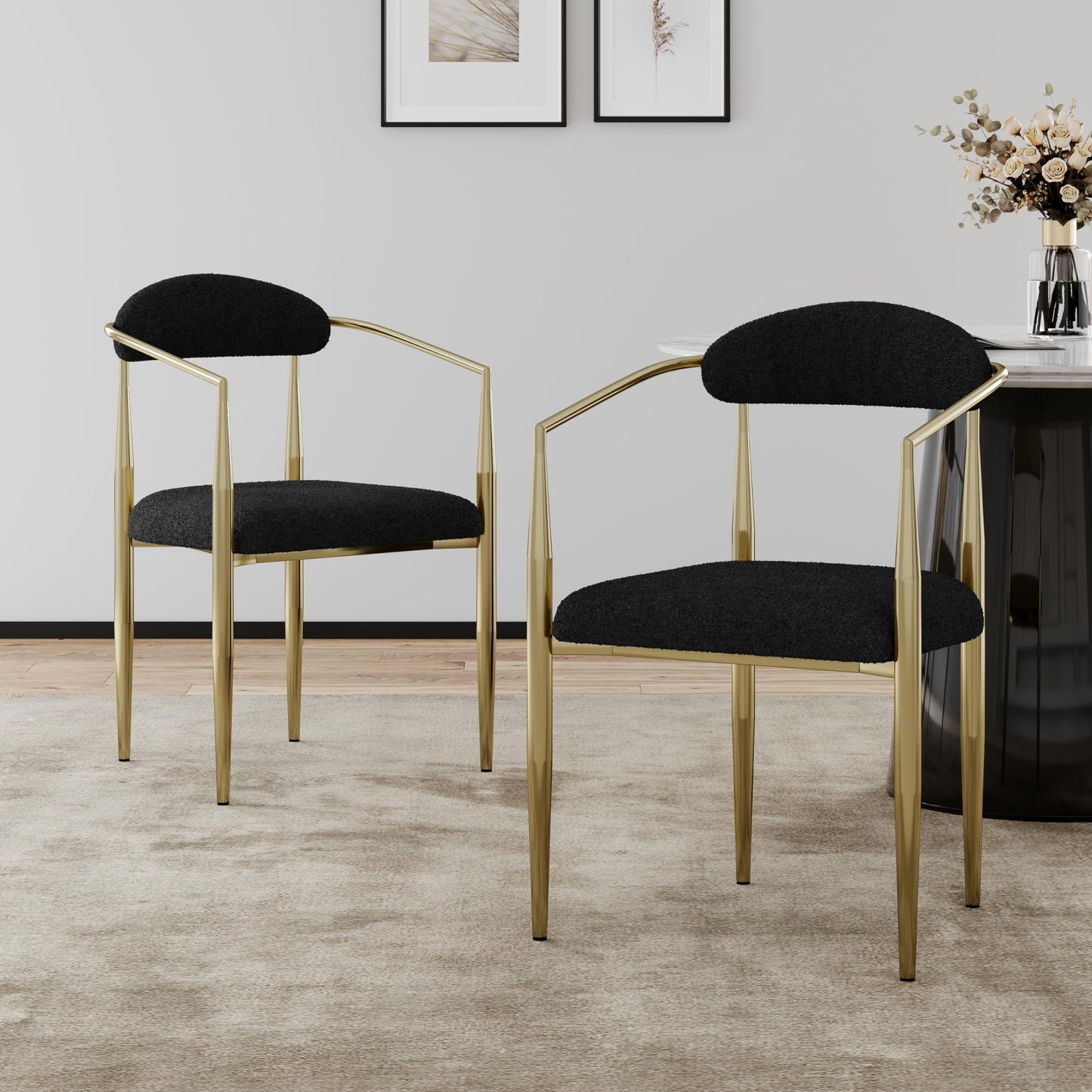 WOKER FURNITURE Modern Boucle Dining Room Chairs with Arms Set of 4,Mid-Century Accent Chair with Gold Leg, Armchairs for Kitchen,Living Room,Bedroom