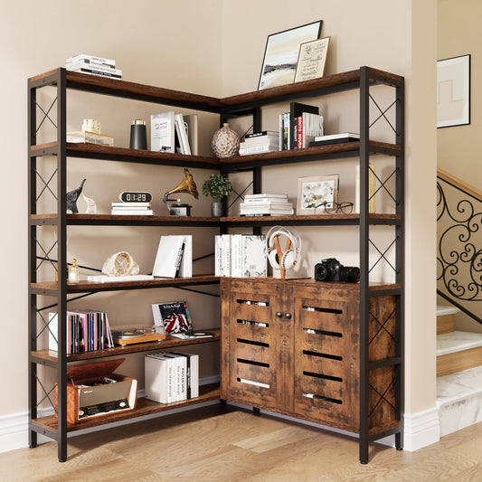 Wildhome 6-Shelf Corner Bookshelf, Vintage Industrial Corner Shelf Etagere Bookcase, Large Book Shelf with Metal Frame Open Storage Corner Cabinet (Brown-Lockers, Large)