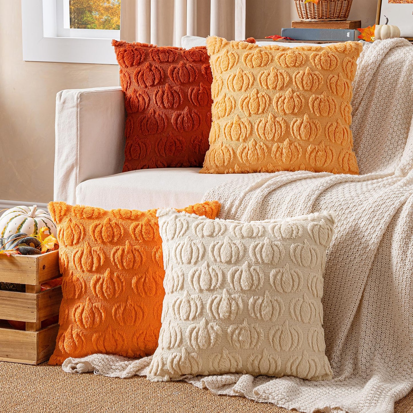 Woaboy Fall Pumpkin Pillow Covers Soft Cozy Plush 18x18 Inch Set of 4 Decorative Pillows Autumn Halloween Holiday Home Decor for Sofa Couch Porch Bed Living Room,Rust-Beige-2