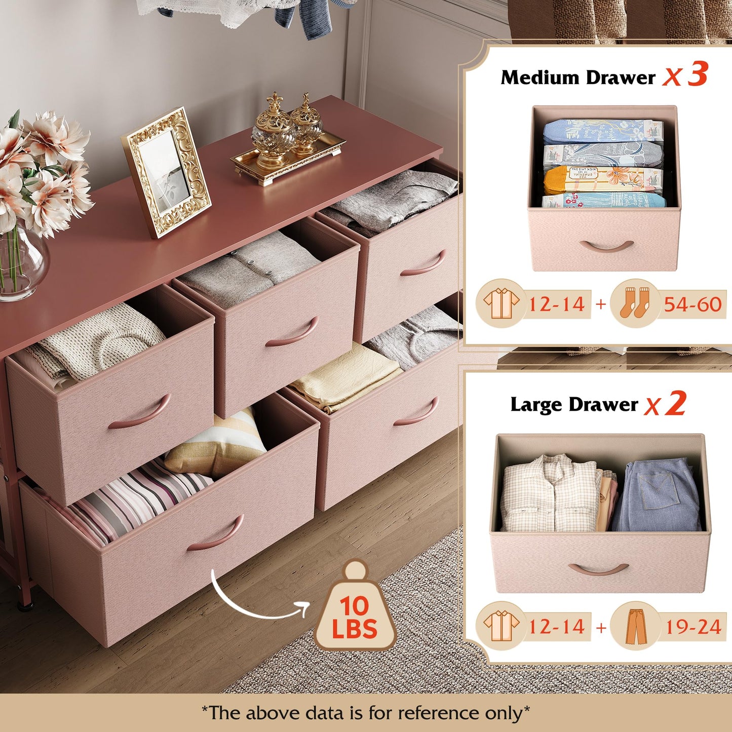 WLIVE Dresser for Bedroom with 5 Drawers, Wide Chest of Drawers, Fabric Dresser, Storage Organization Unit with Fabric Bins for Closet, Living Room, Hallway, Pink and Rose Gold