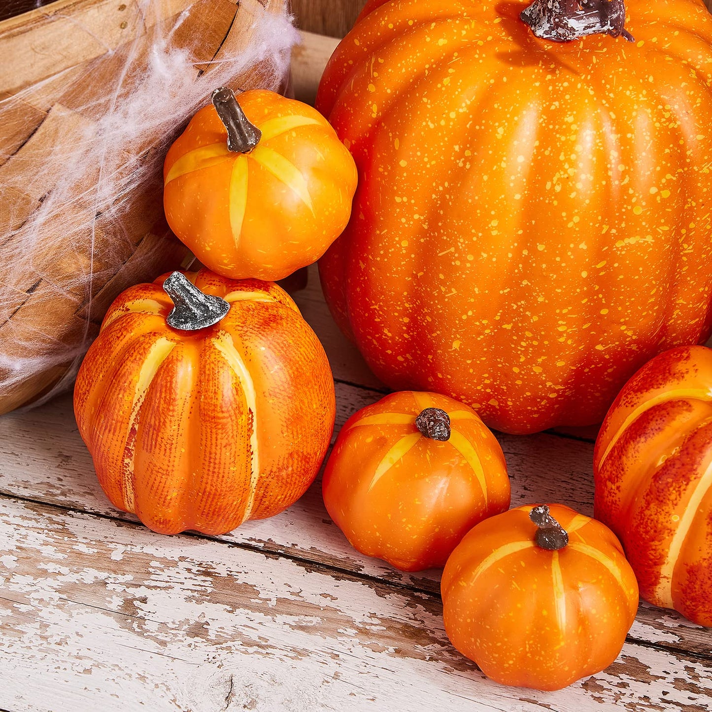 7Pcs Artificial Pumpkins of all Styles Halloween Decoration Rural Style Farmhouse Foam Pumpkin Harvest Season Thanksgiving Day is Suitable for Table top House Dining Table Party Decoration (Orange)