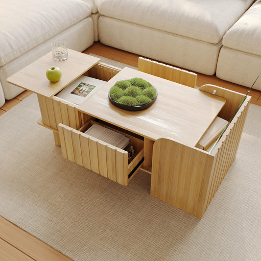 Wildhome Extendable Coffee Table with Side Table,Reversible Living Room Table with Lifting Tabletop,2 Drawers and Storage Rack for Living Room (Log Color, Large)