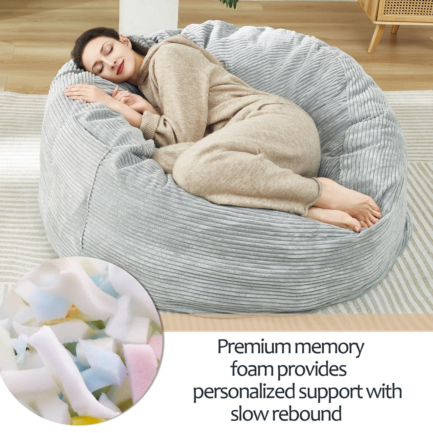 48 Inches / 4 Feet Bean Bag Chair with Memory Foam Filler for Adults and Kids, Ultra Soft Light Gray Corduroy Cover, Living Room Use, Comfortable Wrap （Corduroy 4 feet）