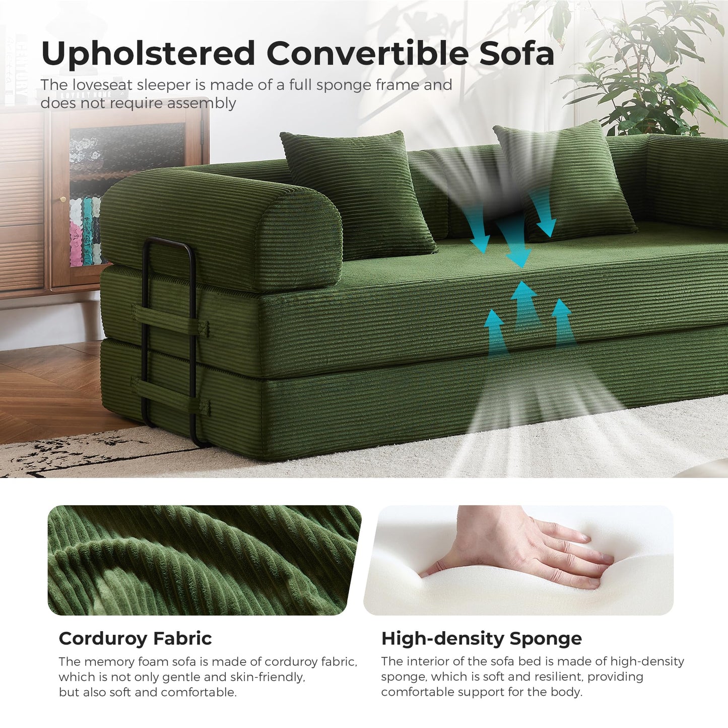 79'' Convertible Sofa Bed, Modular Couch Bed for Small Spaces with 2 Pillow, Corduroy Fabric Sofa with Plush Memory Foam, Floor Sofa Lounge Couch for Living Room Bedroom Lounge Studio（Dark Green）