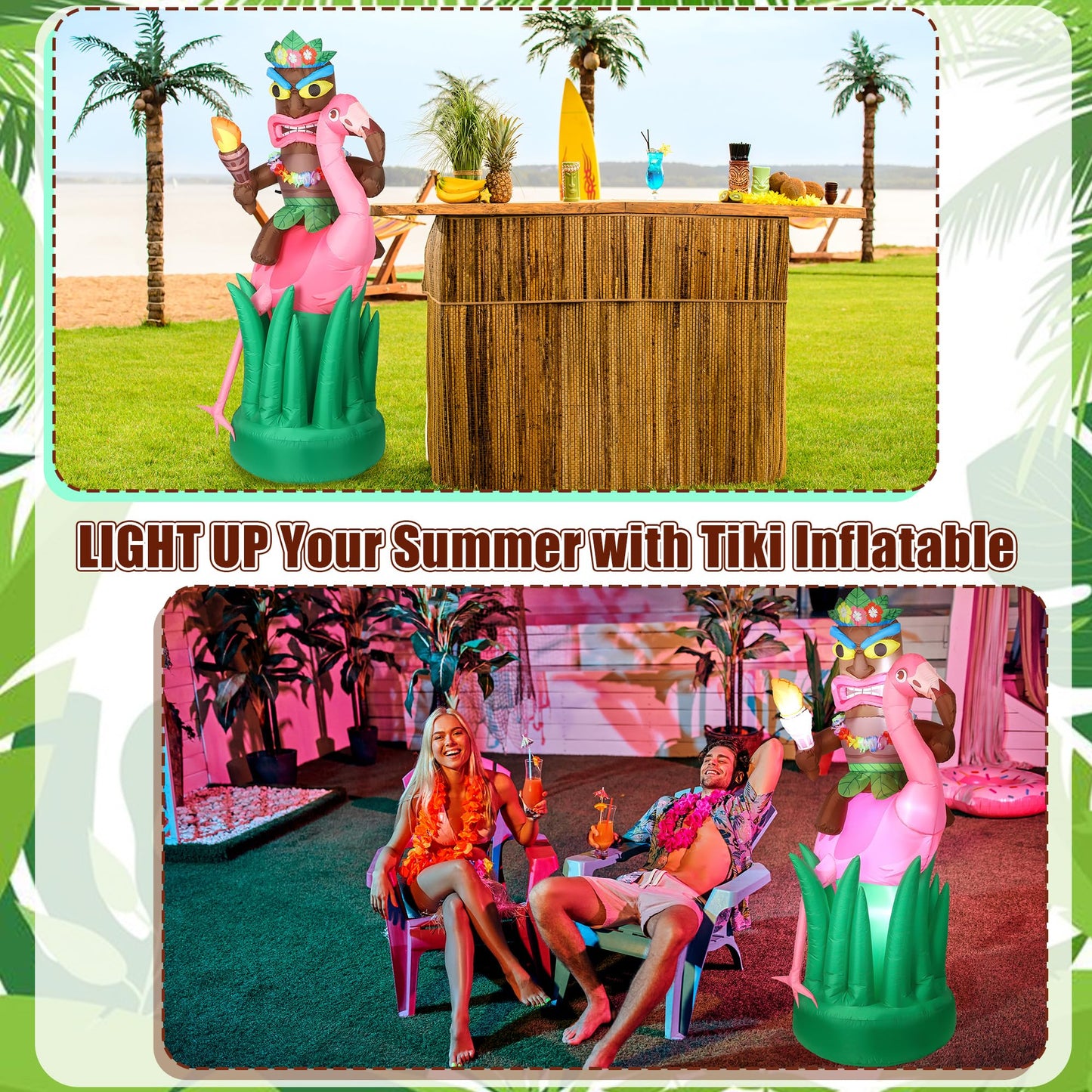 Vivantia 6 Ft Inflatable Tiki Flamingo Decor Hawaiian Tiki Inflatable with Air Blower LED Lighted Outdoor Decoration Blow Up Garden Decor for Summer Tropical Yard Garden Hawaiian Party Supplies