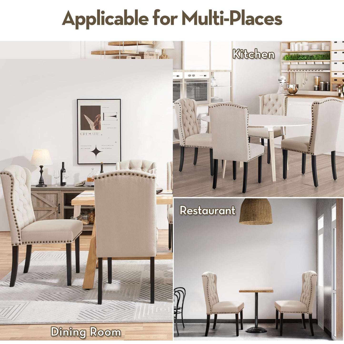 Yaheetech Upholstered Dining Chairs Set of 6 Button Tufted Kitchen Chairs with Solid Wood Legs and Nailhead Trims for Dining Room, Living Room, Restaurant, Beige