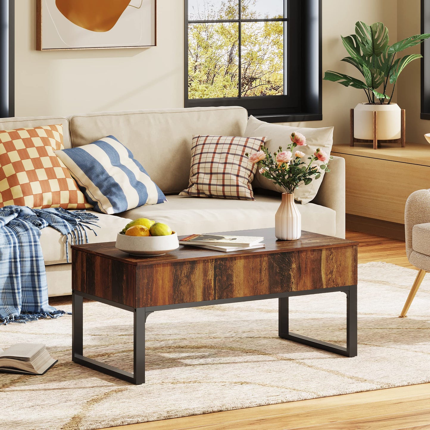 WLIVE Lift Top Coffee Table with Storage, 40.9" Coffee Table with Lifting Top & Sliding Cover, Wood Modern Center Table with 2 Hidden Compartment for Living Room, Retro Brown