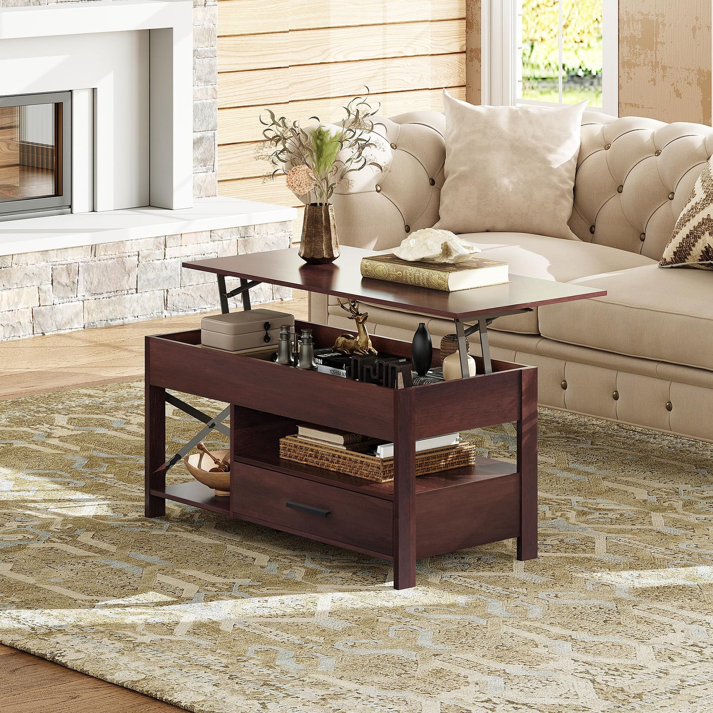 WLIVE Coffee Table, 39" Lift Top Coffee Table with Storage Drawers, Hidden Compartment, Wooden Center Table for Living Room, Home, Rustic Oak