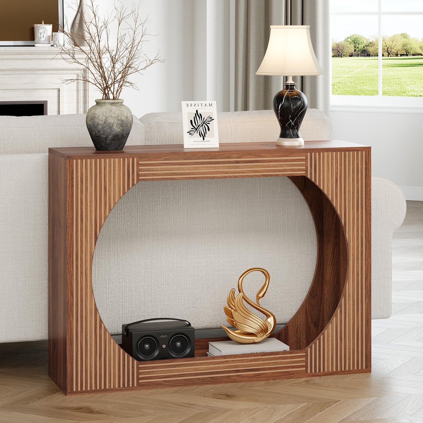 43.3" Console Table with Storage, 2-Tier Wooden Entryway Table with Carving Lines, Mid-Century Modern Accent Rectangular Sofa Table Behind Couch for Foyer, Entrance, Living Room, Hallway (Walnut)