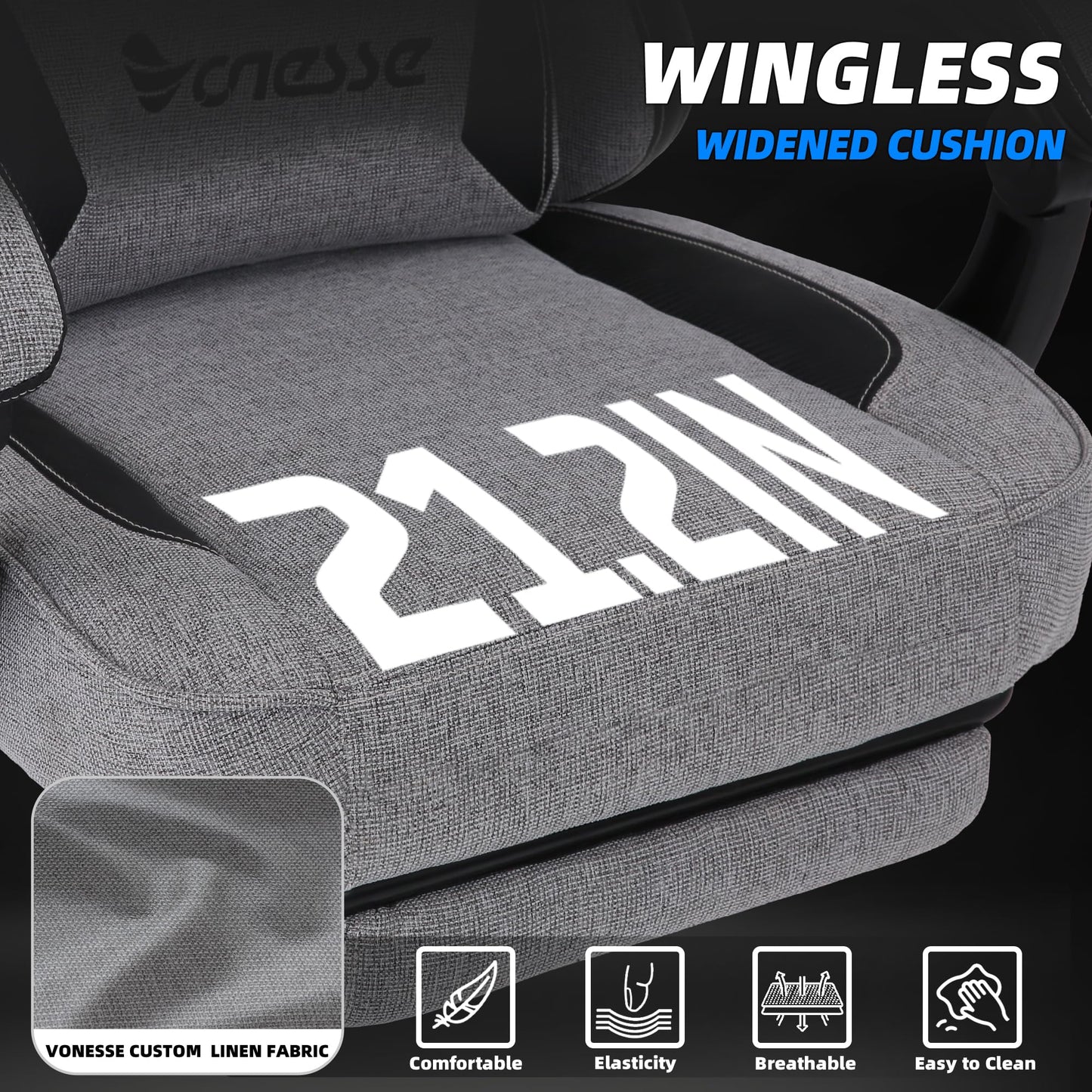 Vonesse Gaming Chair, Computer Chair Fabric with Pocket Spring Cushion, Office Chair with Footrest and Massage Lumbar Support, Reclining Gaming Chairs for Adults 250LBS (Grey)