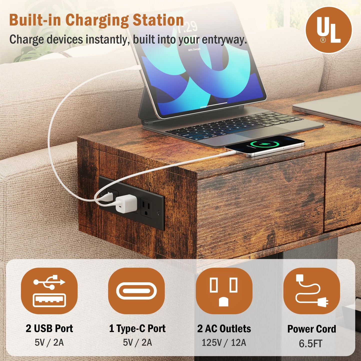 63" Long Console Table with LED Lights & Charging Station,2-Tier Entryway Table with Drawers and Open Storage Shelf for Entry Way,Farmhouse Sofa Table with Heavy Duty Base for Hallway, Foyer(Brown)