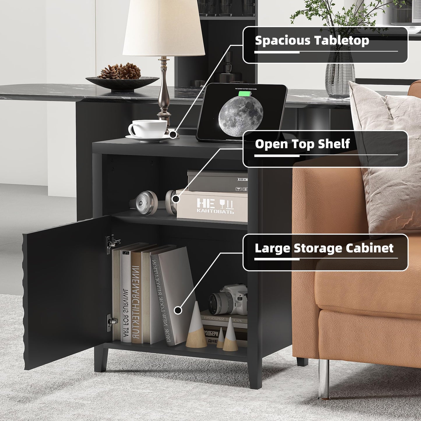 3imothrix End Table Set of 2 with Charging Station, Modern Nightstand with Door and Open Shelf, Fluted Design, Bedside Table for Bedroom, Living Room, Black