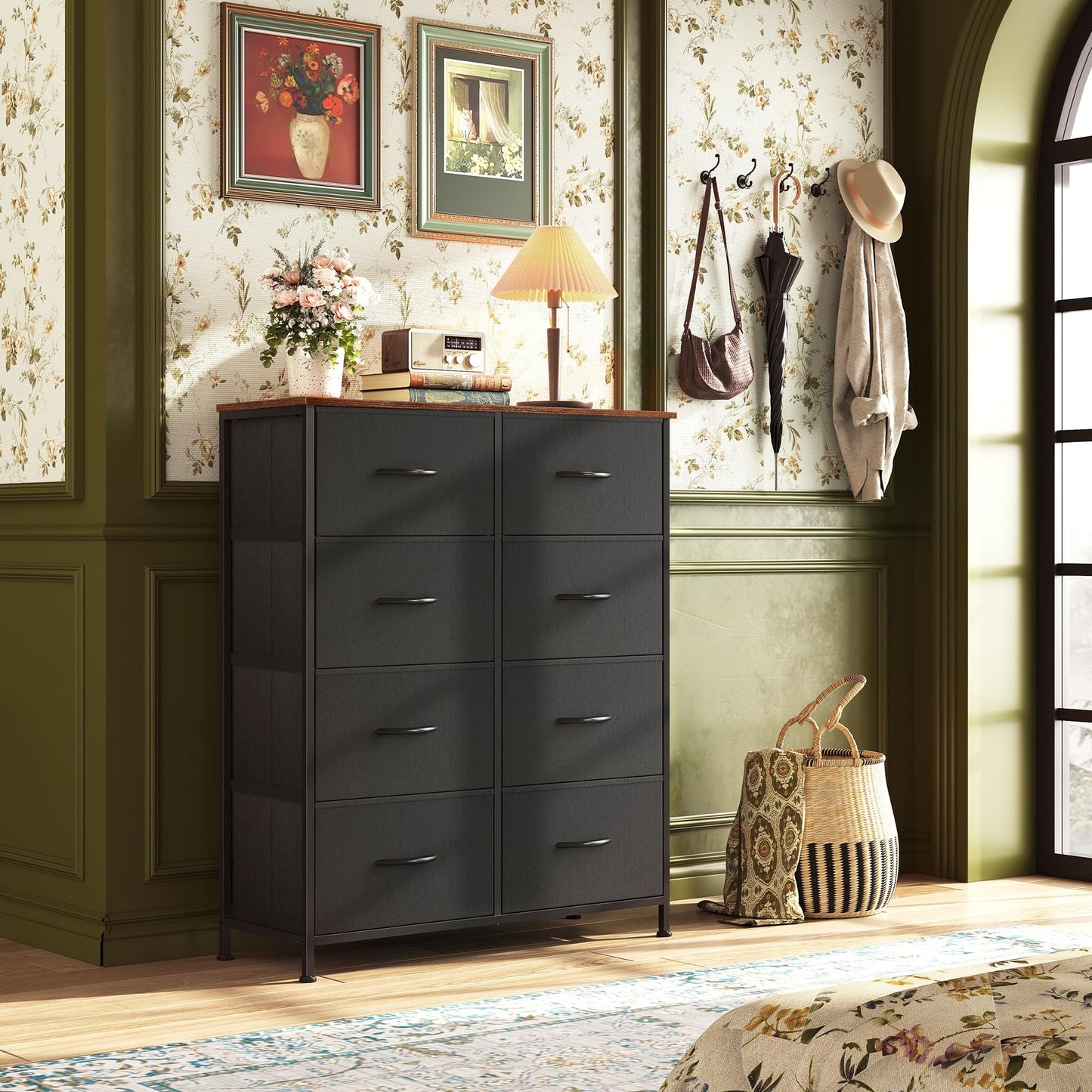 WLIVE Tall Fabric Dresser with 8 Drawers, Storage Tower with Fabric Bins, Double Dressers, Chest of Drawers for Closet, Bedroom, Living Room, Hallway, Dorm, Black and Rustic Brown