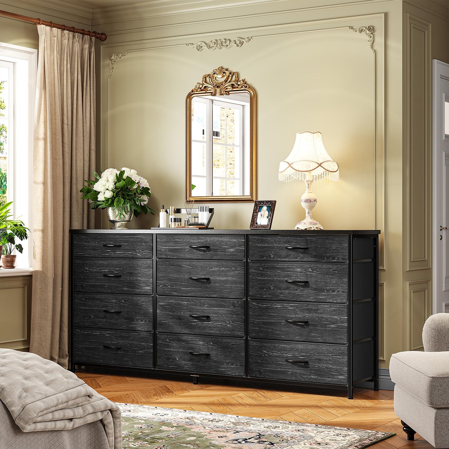 55" Long Dresser for Bedroom with 12 Fabric Drawers, Entertainment Center for 60 inch TV Dressers & Chests of Drawers Large Storage Organizer for Closet, Living Room, Metal Frame, Wood Top, Black