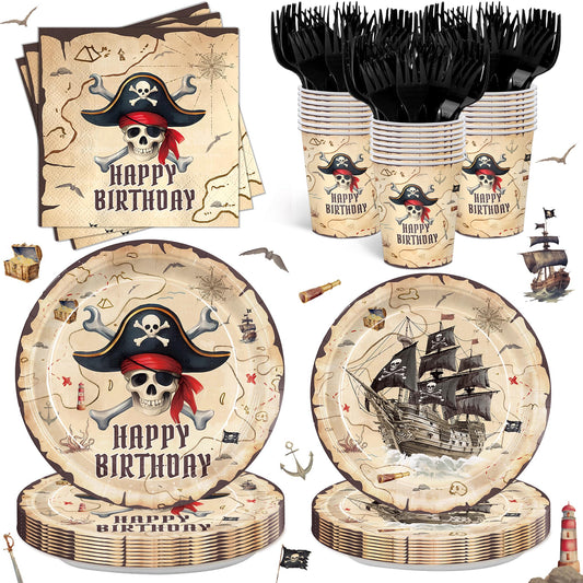 120pcs Pirate Party Supplies Pirate Birthday Plates and Napkins With Paper Cup Treasure Map Napkins Adventure Party Supplies for Pirate Birthday Party Disposable Tableware Set Serve 24 Guests