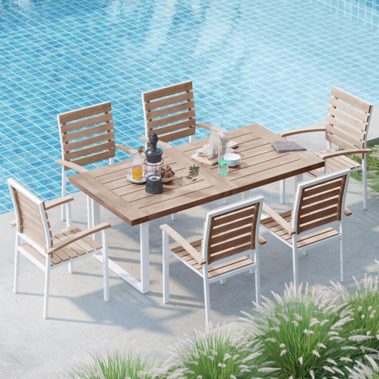 WiberWi 7 Piece Outdoor Dining Set for 6, Acacia Wood 59.1" Patio Table and Chairs Set with Metal Frame, Patio Dining Furniture Set for Garden, Balcony, Backyard, Poolside, Natural & White