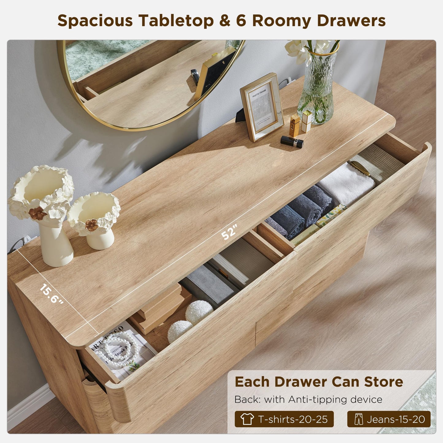 ACCOHOHO Modern 6 Drawer Dresser for Bedroom, Farmhouse 52" Wide Dresser TV Stand with Large Drawers, Natural Texture, Curved Angle for Room, Hallway and Entryway, Nutural Oak