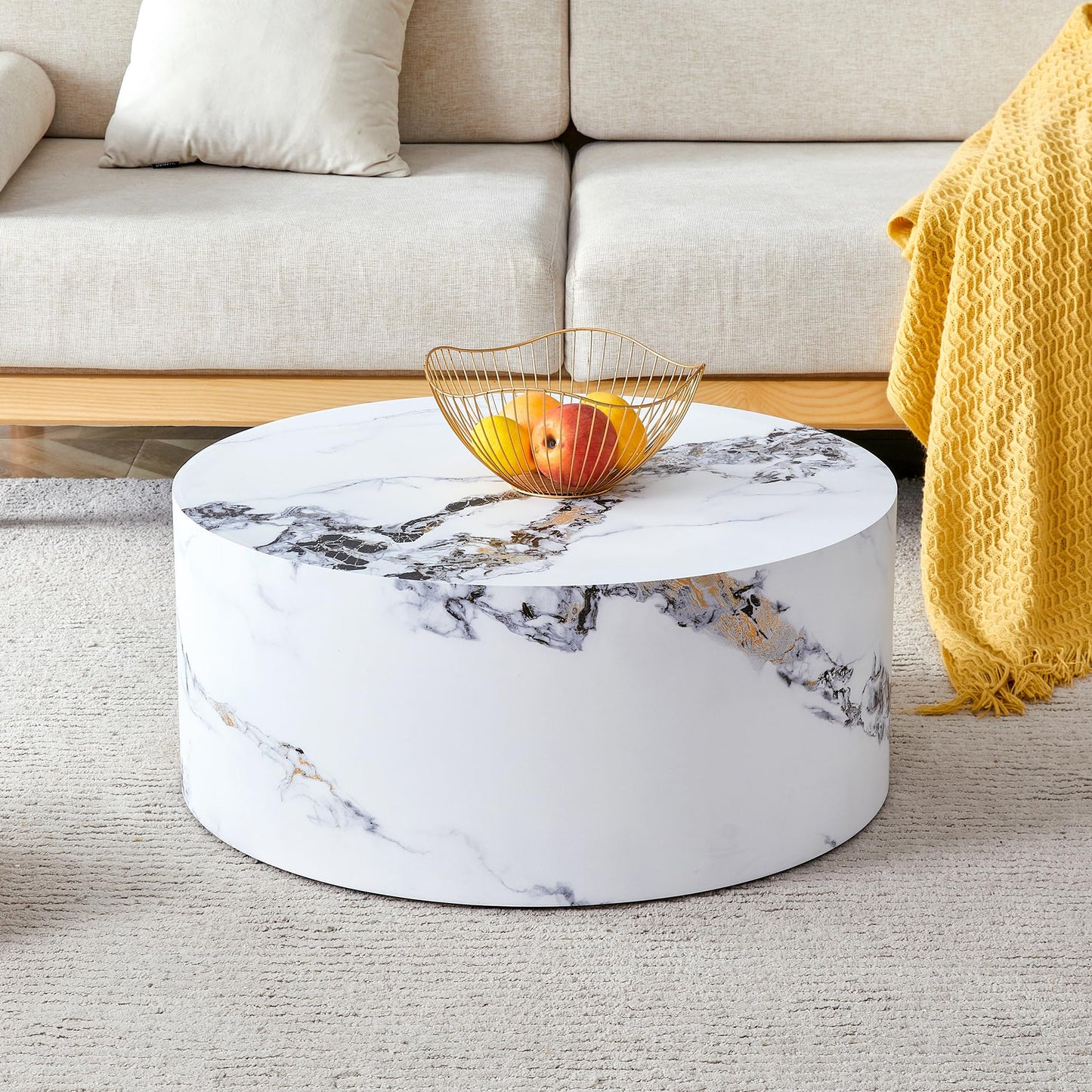 27.5" Round Coffee Table, Modern White Marble Coffee Tables for Living Room, Faux Marble Wooden Circle Center Table Accent Cocktail Tea Tables for Apartment Home Office, No Assembly