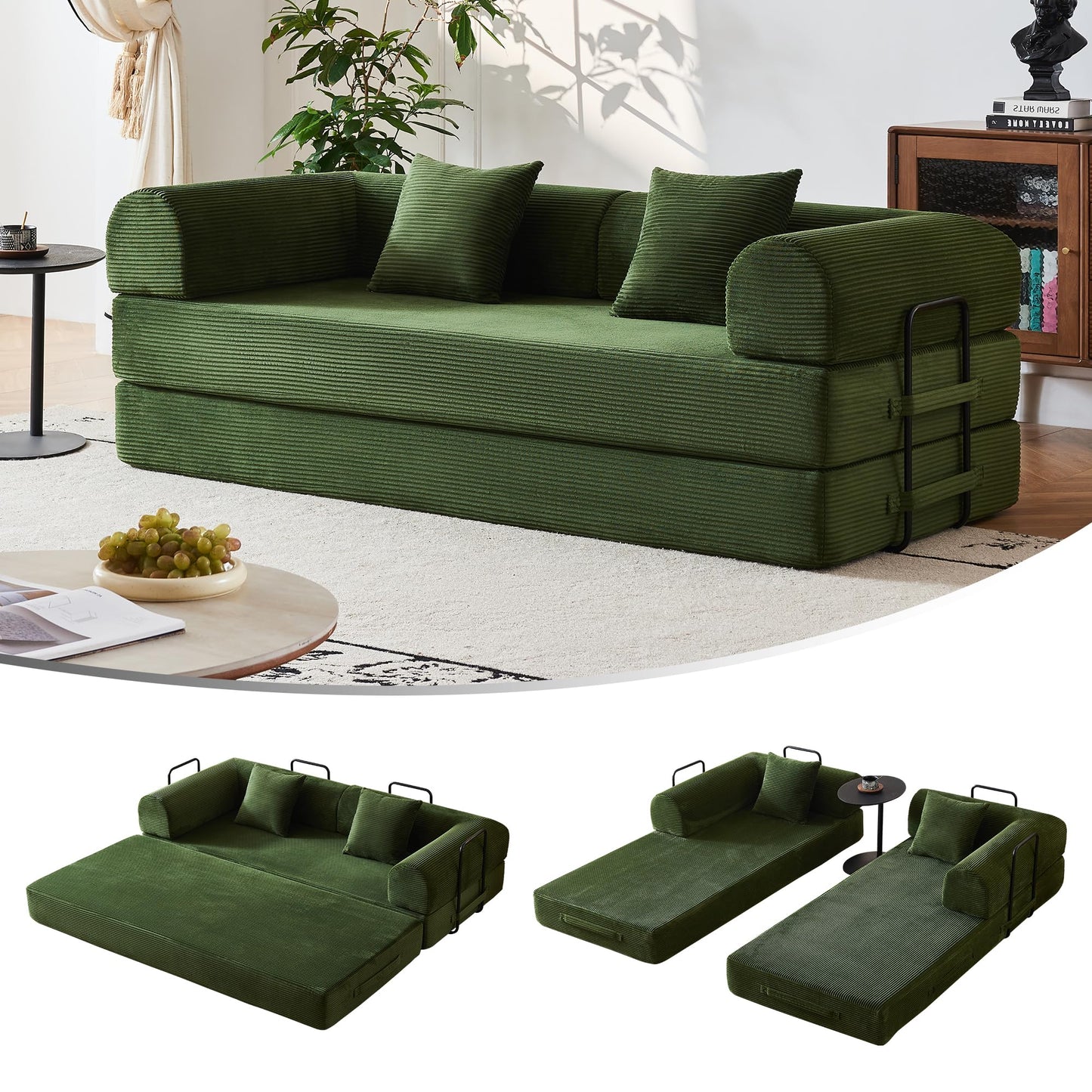 79'' Convertible Sofa Bed, Modular Couch Bed for Small Spaces with 2 Pillow, Corduroy Fabric Sofa with Plush Memory Foam, Floor Sofa Lounge Couch for Living Room Bedroom Lounge Studio（Dark Green）