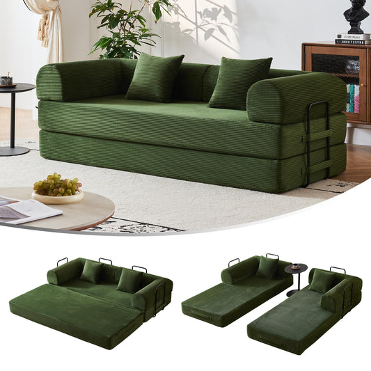 79'' Convertible Sofa Bed, Modular Couch Bed for Small Spaces with 2 Pillow, Corduroy Fabric Sofa with Plush Memory Foam, Floor Sofa Lounge Couch for Living Room Bedroom Lounge Studio（Dark Green）
