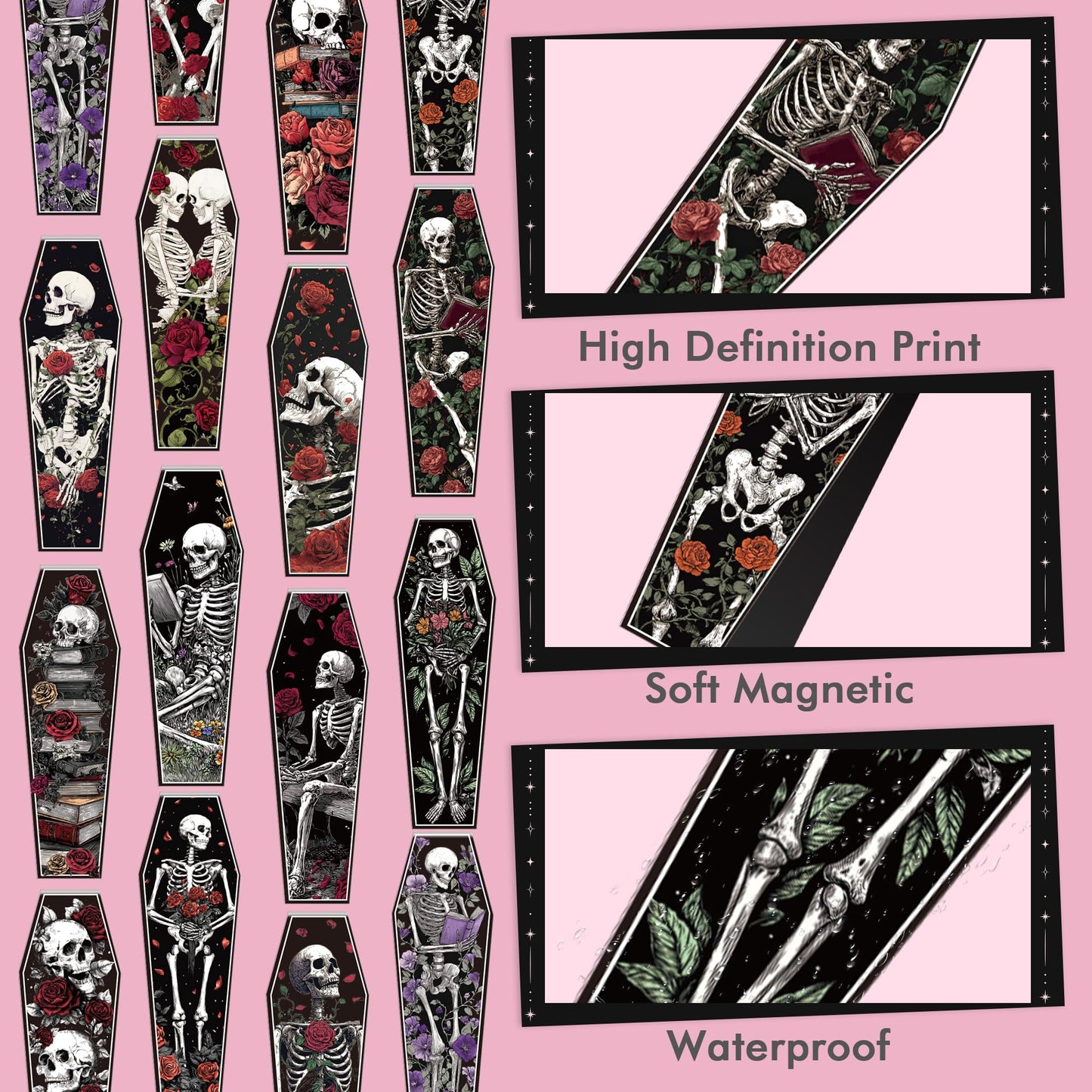 30 Pcs Gothic Skeleton Magnetic Bookmarks, Coffin-Shaped Rose and Skull Book Mark Clips for Book Lovers, Dark Romance Magnet Page Markers for Women Men, Halloween Bookish Gifts